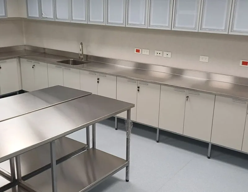 Laboratorio completo con mesadas y muebles de acero inoxidable instalados
